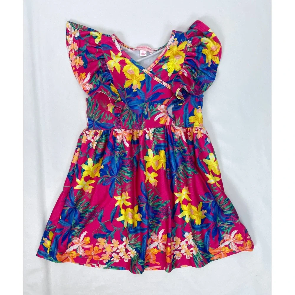 Tommy Bahama Girl 2T Dress Pink Floral Tropical Ruffle Sleeve